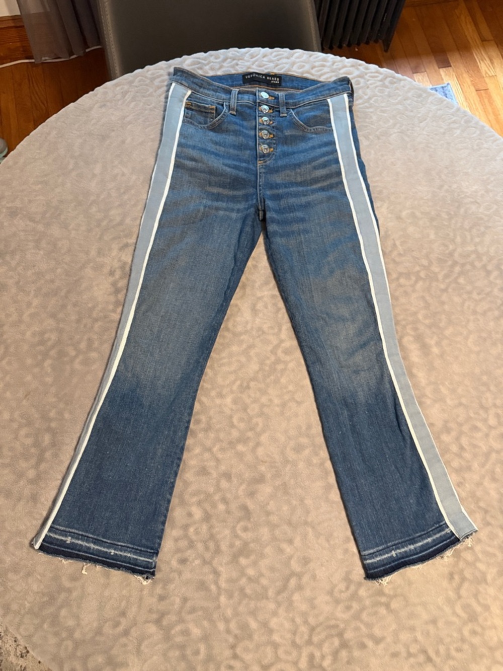 Veronica Beard Blue Flare Jeans with Pale Side Stripes